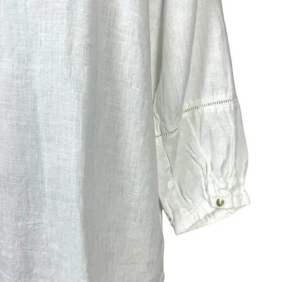 Joie | White 100% Linen Eyelet Detail V-neck 3/4 Sleeve Casual Tunic Top - Picture 8 of 12